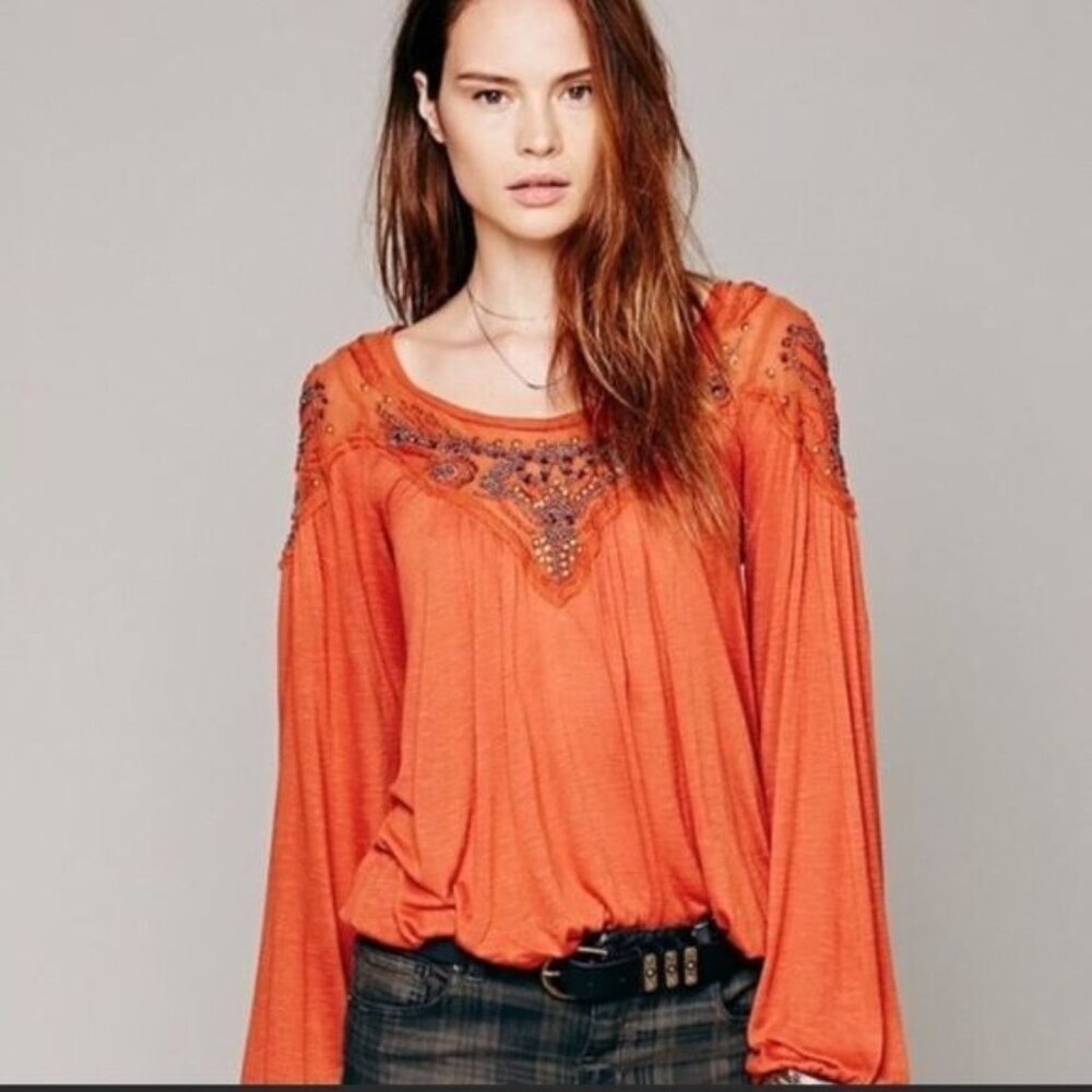 Free People women's medium pumpkin orange long sleeve peasant top embroidered